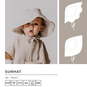 Op de afbeelding: Een gestreepte zonnehoed voor baby's en kinderen. De hoed is gemaakt van een zachte, ademende stof en heeft een brede rand om te beschermen tegen de zon. De hoed is verkrijgbaar in verschillende maten, van 3 maanden tot volwassenen. Het patroon bevat instructies voor het naaien van de hoed.