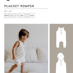 May include: A white and gray striped sleeveless romper with a button placket. The romper is shown on a baby standing on a white bed. A line drawing of the romper is shown on the right side of the image.