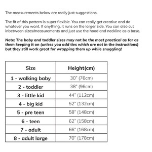 May include: A chart showing suggested sizes for a sewing pattern, with measurements in inches and centimeters. The chart lists sizes from 1 - walking baby to 8 - adult large, with corresponding heights in inches and centimeters.