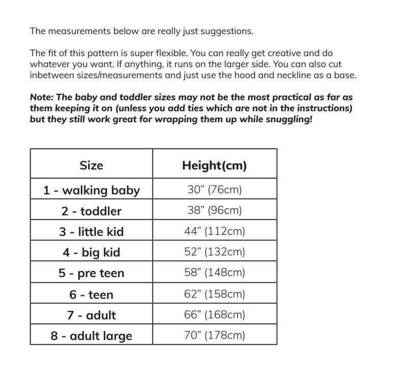 May include: A chart showing suggested sizes for a sewing pattern, with measurements in inches and centimeters. The chart lists sizes from 1 - walking baby to 8 - adult large, with corresponding heights in inches and centimeters.