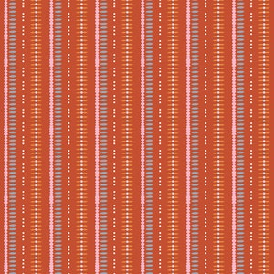 May include: A seamless pattern with vertical stripes of various colors and patterns. The background is a deep orange color. The stripes are made up of small circles and oval shapes in shades of pink, orange, and blue.