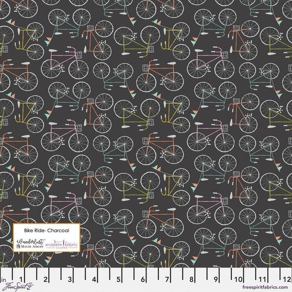 WANDERLUST by Maude Asbury for Free Spirit Fabrics - PWMA019 Bike Ride Charcoal - 1/2 Yard Increments, Cut Continuously