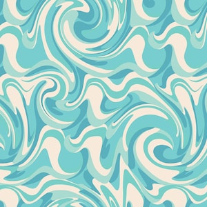 Puede incluir: Patrón abstracto de espiral en tonos de azul y blanco. El fondo es de color beige claro.