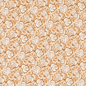 May include: A seamless pattern of brown floral designs on a white background. The pattern features stylized roses with multiple layers of petals.