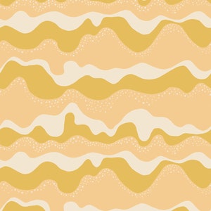May include: Abstract seamless pattern with wavy lines in shades of yellow, cream, and white. The pattern features a repeating design of overlapping waves with a speckled texture.