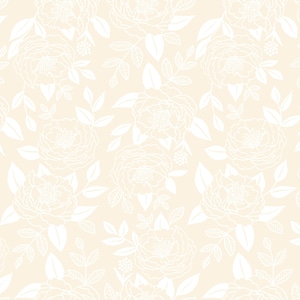 Puede incluir: Un patrón sin costuras con ilustraciones de contorno blanco de flores y hojas sobre un fondo beige claro.