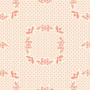 May include: A seamless pattern featuring a repeating design of pink butterflies, leaves, and small dots on a cream background.