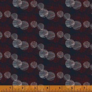 Pode incluir: Um tecido azul escuro com um padrão repetitivo de círculos geométricos brancos. Os círculos estão dispostos em filas diagonais e têm uma aparência ligeiramente texturizada.