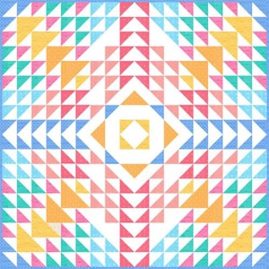May include: A colorful quilt with a geometric pattern of triangles in shades of blue, pink, orange, and green. The triangles are arranged in a symmetrical pattern, creating a visually appealing design.