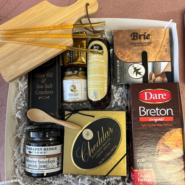 charcuterie gift basket box with cheese, crackers, jam, mustard, cutting board for housewarming, thank you, birthdays for him, her