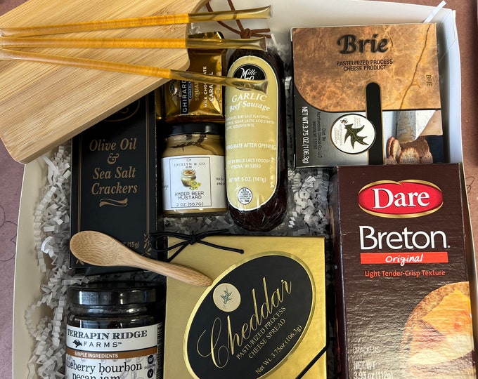 charcuterie gift basket box with cheese, crackers, jam, mustard, cutting board for housewarming, thank you, birthdays for him, her
