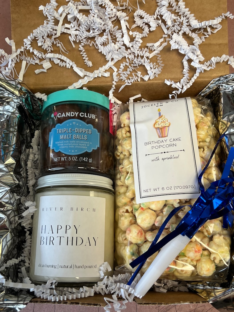 Happy Birthday Gift Basket Box for Him, Her, Ladies, Men Fun Popcorn