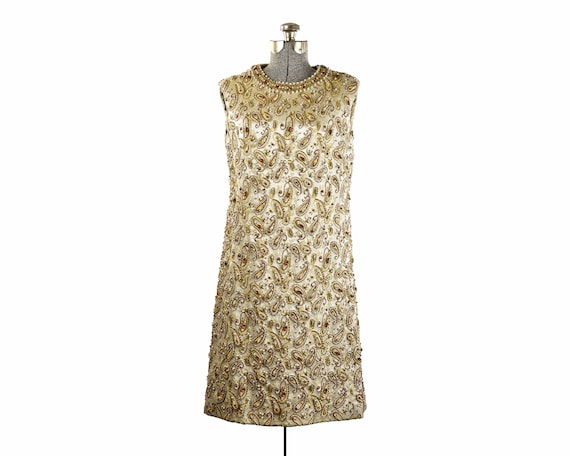 1960 s Nat Kaplan Vintage Paisley Gold Beaded Sheath Dress Etsy