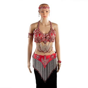 5-Piece Red & Silver Cabaret Belly Dance Costume Set (S-M) - USED