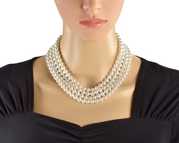 White 4-Strand Faux Pearl Beaded Choker Necklace - image 1