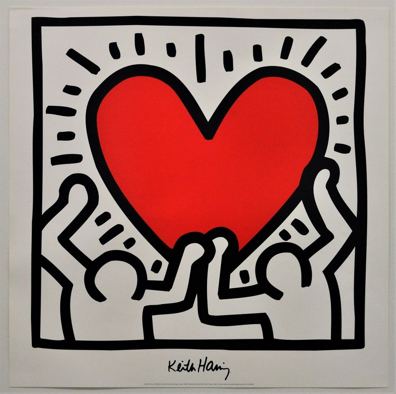 KEITH HARING Oryginalny plakat vintage Red Heart rok 1998 Druk litograficzny zdjęcie 1