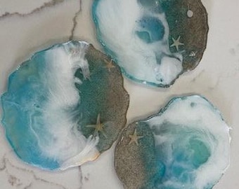 Ocean-Inspired Resin Coasters with Real Sand - Beachy Table Décor - Perfect Gift for Ocean Lovers - Set of 3