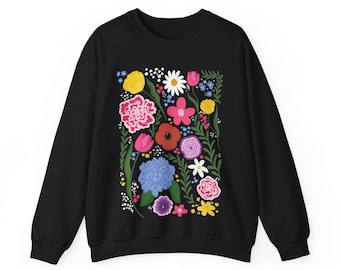 Hand-Drawn Floral Hoodie: Spring Flower Crew Neck Sweatshirt
