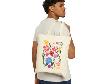 Hand-Drawn Spring Flower Cotton Canvas Tote Bag