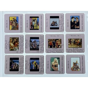 May include: A collection of vintage film slides featuring various scenes and groups of people. The slides are labeled with "Malibu, CA" and "Tribune Entertainment" along with names and dates. The images show people in casual settings.
