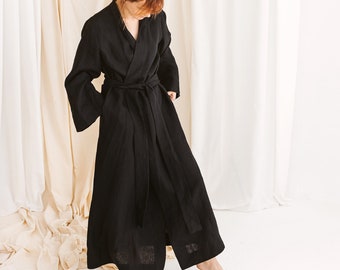 Natural Linen Bathrobe in a Kimono Style with Wide Sleeves, Pockets and Belt. Premium Linen Clothing for Women