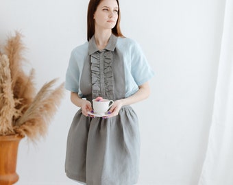 Fancy Apron, Linen Apron with Ruffles, Linen Apron for Women