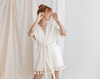 Natural Linen Bathrobe in a Kimono Style with Wide Sleeves and Belt