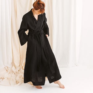 Natural Linen Bathrobe in a Kimono Style with Wide Sleeves, Pockets and Belt. Premium Linen Clothing for Women image 1