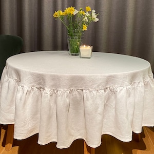 Linen round ruffle tablecloth. Washed soft linen table cloth. Natural stonewashed linen custom size tablecloth with ruffles