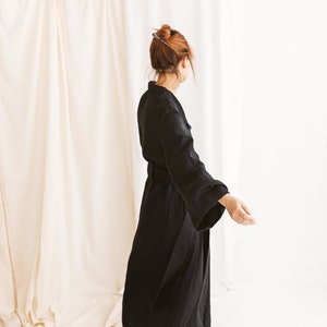 Natural Linen Bathrobe in a Kimono Style with Wide Sleeves, Pockets and Belt. Premium Linen Clothing for Women image 5