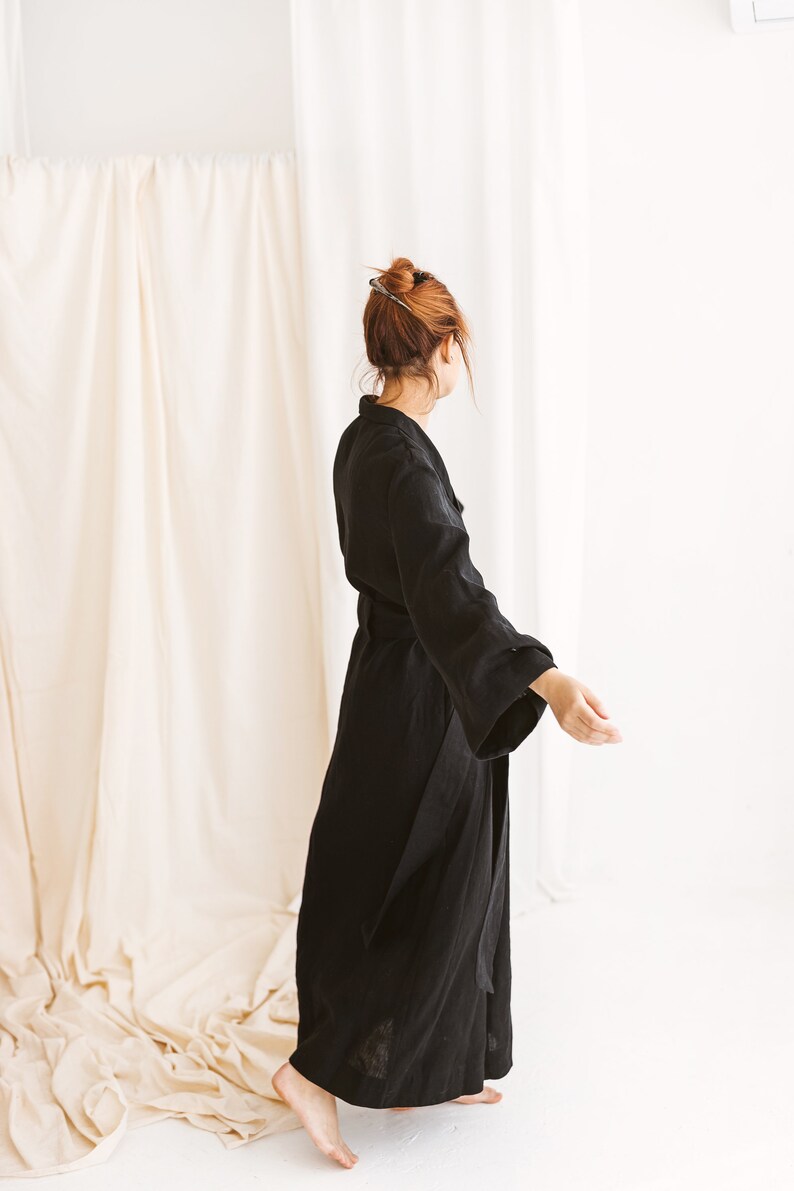 Natural Linen Bathrobe in a Kimono Style with Wide Sleeves, Pockets and Belt. Premium Linen Clothing for Women image 5