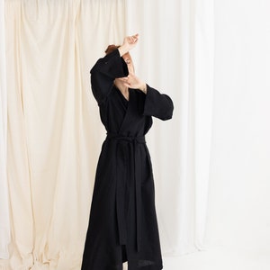 Natural Linen Bathrobe in a Kimono Style with Wide Sleeves, Pockets and Belt. Premium Linen Clothing for Women image 2