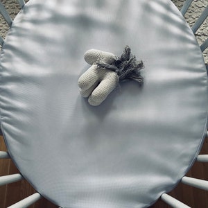 May include: A white crocheted stuffed animal in the shape of a horse with a long, gray mane lies in a white crib.