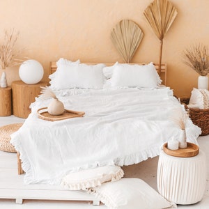 Linen Bedding with Ruffles. King, Queen Duvet and Pillow Covers.  3 Piece Washed Linen Set