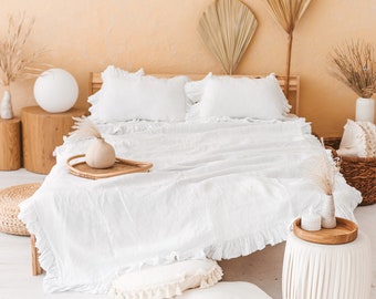 Linen Bedding with Ruffles. King, Queen Duvet and Pillow Covers.  3 Piece Washed Linen Set