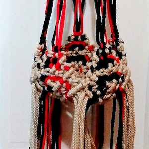 Black, Red & Tan Boho Plant Hanger, Macrame Plant Hanger, Hippie Plant Hanger, Potted Plant Hanger