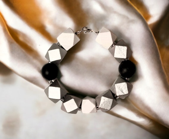 Bracelets, Wooden Hexagon Beads, Black, White and Silver Bracelet, Gifts for Anyone, Gifts for Him or Her