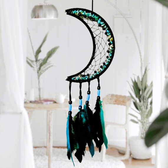 Half Moon Turquoise and Black Home Decor, Half Moon Beaded Art, Turquoise Wall Hanging, Macrame Turquoise and Black Gifts, Gift for All