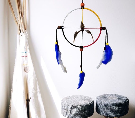 Blue Feather Medicine Wheel, Native American Art, Beaded Decor, Tribal Art, Sacred Wheel, Native American Decor, Home Wall Decor