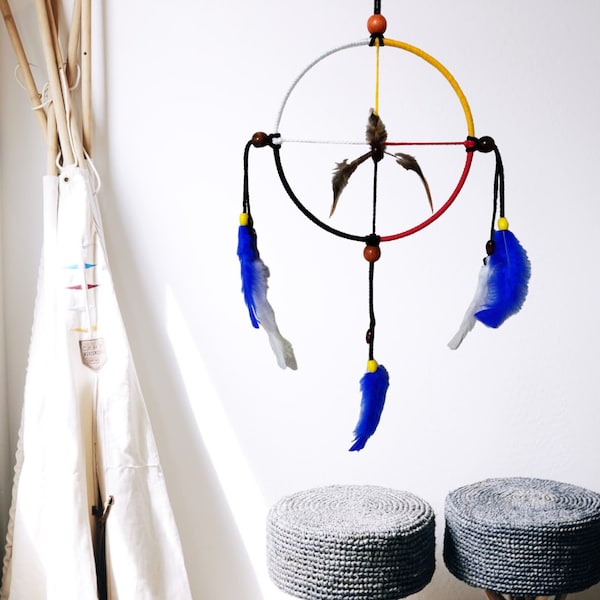 Blue Feather Medicine Wheel, Native American Art, Beaded Decor, Tribal Art, Sacred Wheel, Native American Decor, Home Wall Decor