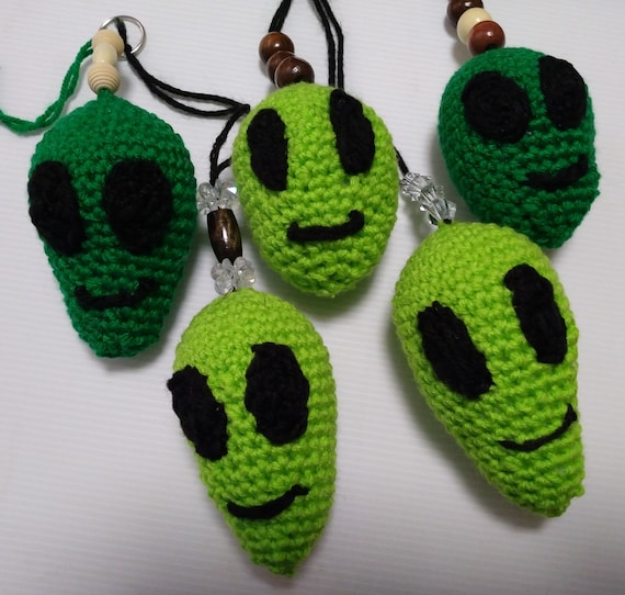 Alien Crochet Keychain, Alien Stress Ball, Alien Zipper Pulls, Alien Rear View Mirror Decor, Alien Gifts