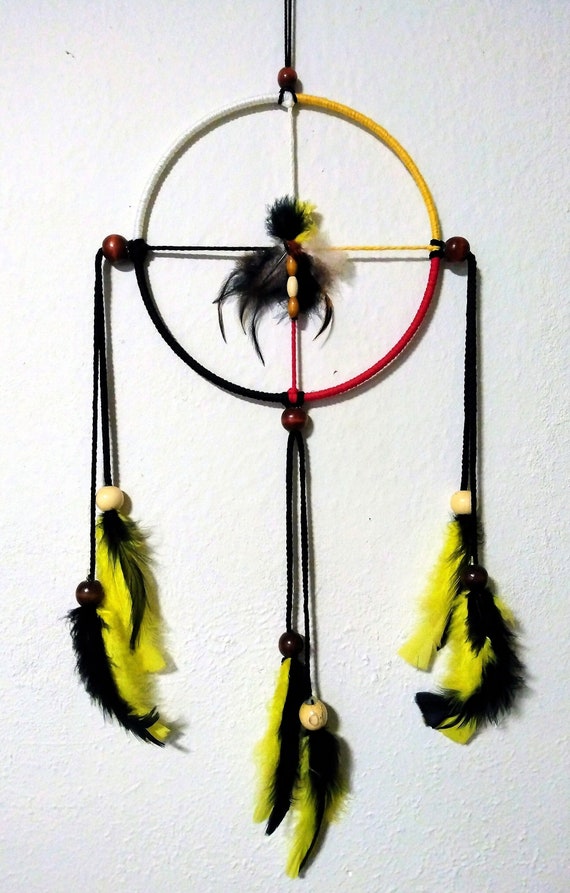 Native American Yellow and Black Feather Medicine Wheel, Beaded Medicine Wheel, Native American Art, Sacred Wheel, Native American Decor