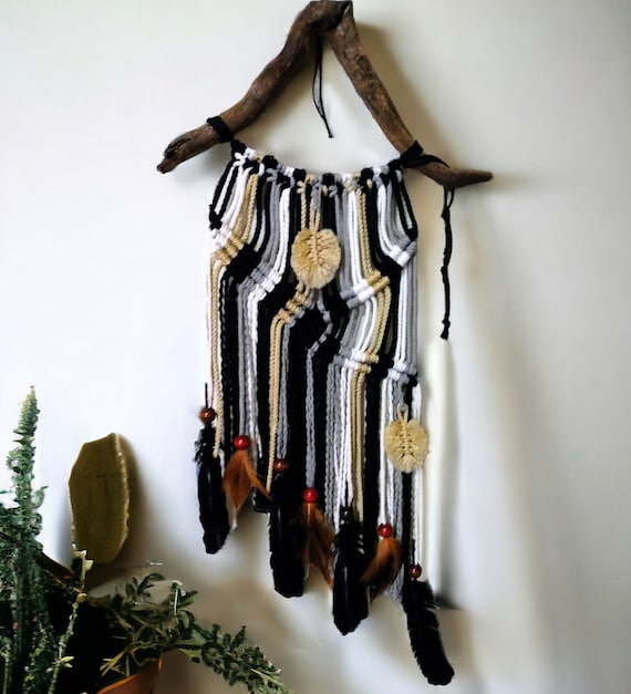 Housewarming Gift, Rustic Decor, Wood Macrame Wall Hanging, Home & Living, Macrame Wall Art, Rustic Gifts, Beaded Wall Hanging