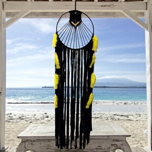 Home Decor, Yellow and Black Feather Wall Decor, Bohemian Wall Hanging, Beaded Wall Decor, Housewarming Gift, Macrame Wall Hanging