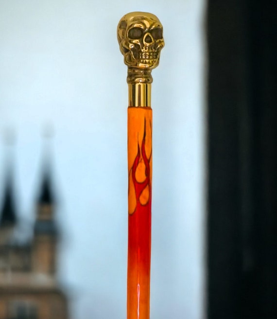 Skull Pine and Brass Walking Cane, Custom Hand Painted Flames, Gifts for a Special Person, Walking Canes/Sticks, Signed by Artist