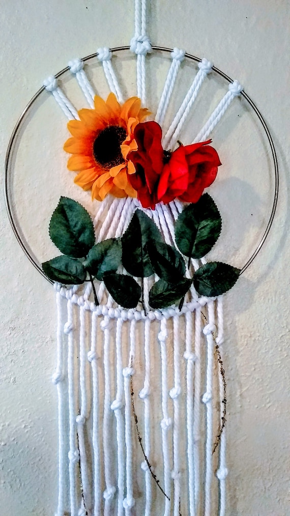 Rose and Sunflower Macrame Wall Art, Rose Decor, Sunflower Decor. Wall Tapestry, Hand Crafted