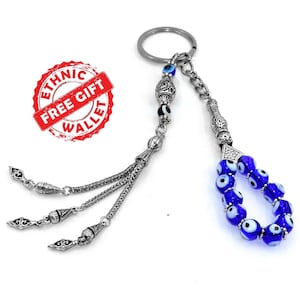 Unique Design Evil Eye Worry Beads - Key chain Together (8 mm)-Stress Worry Beads-Tesbih-Tasbih-Subha-Misbaha-Key Chain- (GIFT POUCH)
