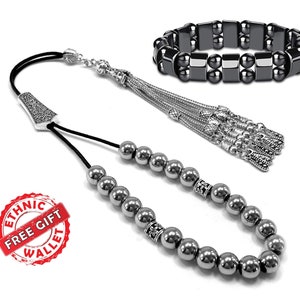 Greek KOMBOLOI, Greek Rosary, Worry Beads, Anxiety Beads, Relaxing Beads, Stress Beads (Platinum Plated Hematite 8 mm 21 Beads & Bracelet)