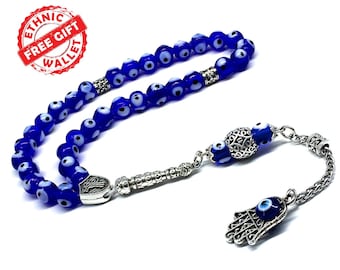 Evil Eye Glass with Hamsa Prayer Beads, Worry Stress Beads, Sibha, Tesbih, Tasbih, Misbaha, Dhikr, Rosary, muslim prayer beads (33 Beads)