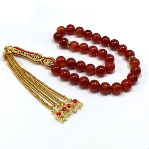 Red Agate with Zirconia Gold Plated Tassel Prayer Beads, Tesbih, Worry Beads, Tasbih, Tasbeeh, Misbaha, Subha, Sebha, Rosary (8mm 33 Beads)